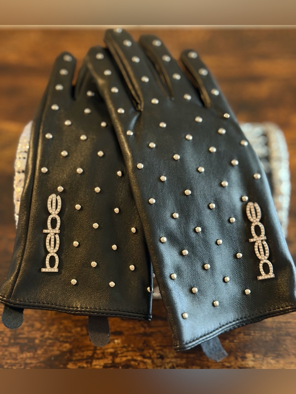 MWOT Bebe Black Faux Leather Rhinestone Studded Gloves